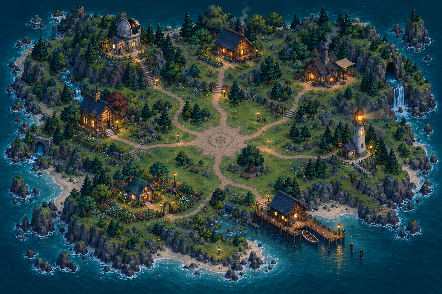 An island at dusk with seven warmly lit buildings linked by paths, surrounded by a deep blue sea.